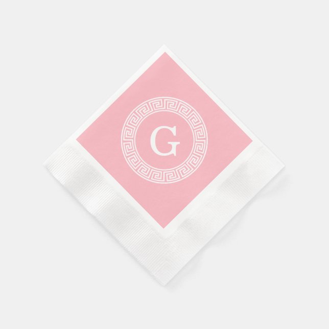 Pink Wht Greek Key Rnd Frame Initial Monogram Napkin (Corner)