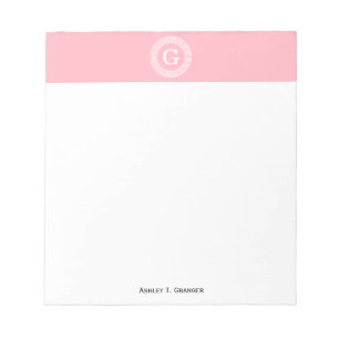 Pink Wht Greek Key Rnd Frame Initial Monogram Notepad