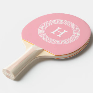 Pink Wht Greek Key Rnd Frame Initial Monogram Ping Pong Paddle