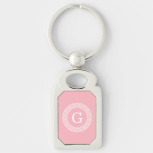 Pink Wht Greek Key Rnd Frame Initial Monogram Ring