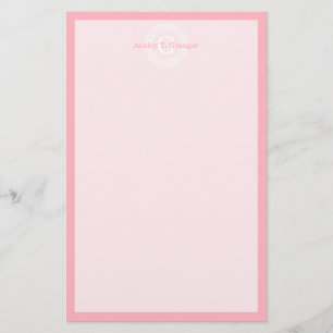 Pink Wht Greek Key Rnd Frame Initial Monogram Stationery