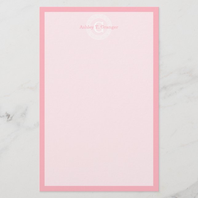 Pink Wht Greek Key Rnd Frame Initial Monogram Stationery (Front)