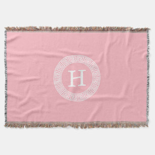 Pink Wht Greek Key Rnd Frame Initial Monogram Throw Blanket