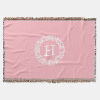 Pink Wht Greek Key Rnd Frame Initial Monogram Throw Blanket