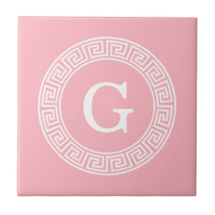 Pink Wht Greek Key Rnd Frame Initial Monogram Tile