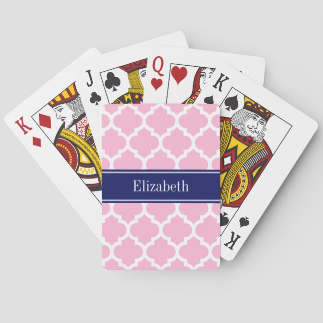 Pink Wht Moroccan #5 Navy Blue 5c Name Monogram Playing Cards (Back)