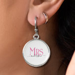 Pink Wife Bride Mrs Wedding Anniversary Earrings<br><div class="desc">Celebrate your holy matrimony with this cute Mrs. round silver drop earrings for wives.  Customise it by adding your last name / surname.  Pink and black elegant font.  Great anniversary or birthday gift for a wife.</div>