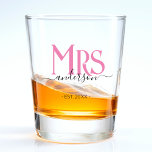 Pink Wife Bride Mrs Wedding Anniversary Shot Glass<br><div class="desc">Celebrate your holy matrimony with this cute Mrs. shot glass for wives.  Customise it by adding your last name / surname and wedding anniversary year date.  Pink and black elegant font.  Great anniversary or birthday gift for a wife.</div>