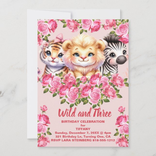 Pink Wild and 3 Years Old Girl's Birthday Party Invitation (Front)