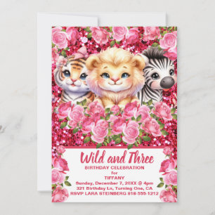 Pink Wild and 3 Years Old Girl's Birthday Party Invitation