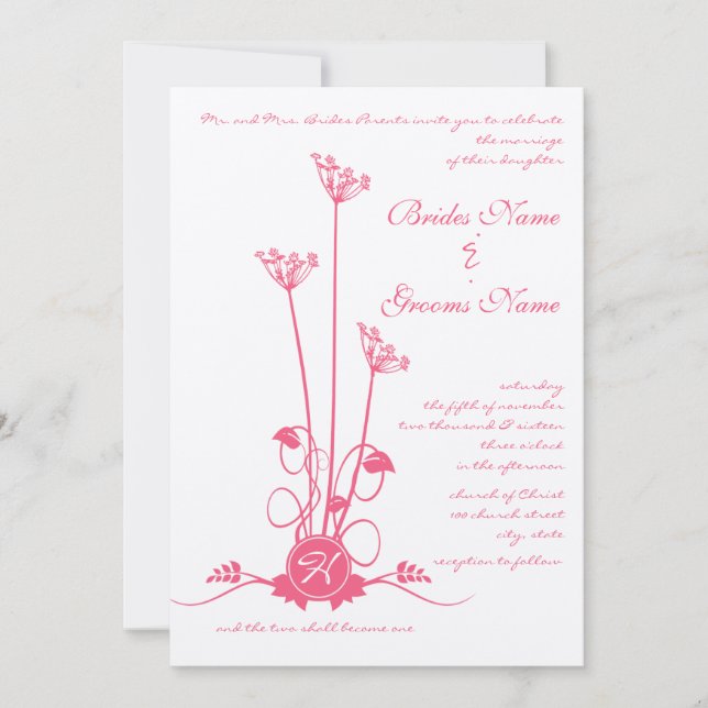 Pink Wild Flower Swirl Wedding Invitation (Front)