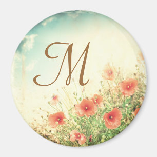 Pink Wild Flowers in Field Monogram Initial Magnet