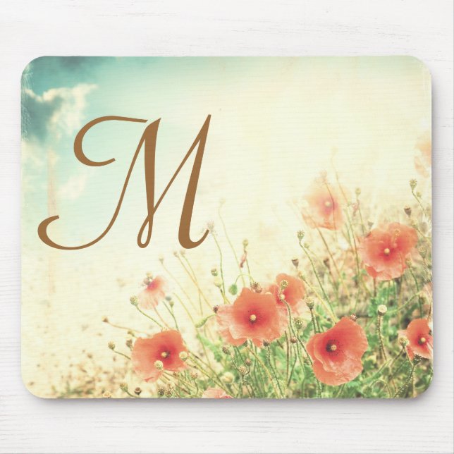 Pink Wild Flowers Monogram Initial Mouse Pad (Front)
