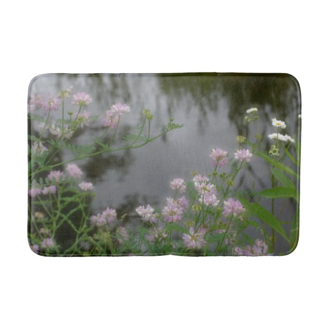 Pink Wild Flowers Near Water Nature   Bath Mat (Front)