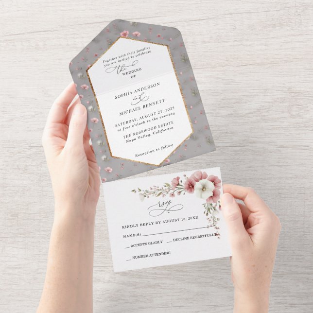 Pink Wild Flowers Wedding   All In One Invitation (Tearaway)
