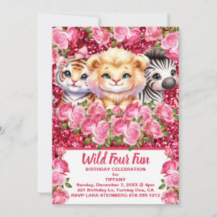 Pink Wild Four Fun 4 Years Old Girl Birthday Party Invitation