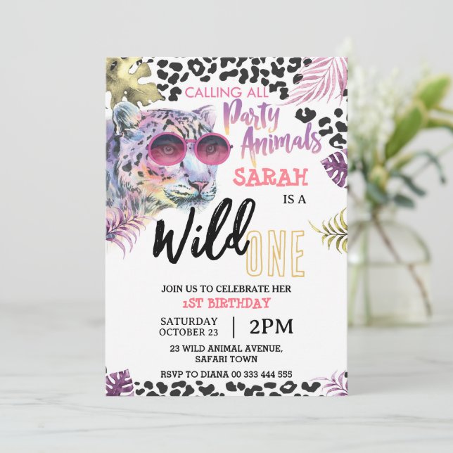 Pink Wild One 1st Birthday Safari Jungle Girl Invitation (Standing Front)