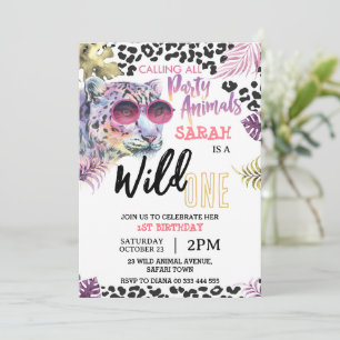 Pink Wild One 1st Birthday Safari Jungle Girl Invitation