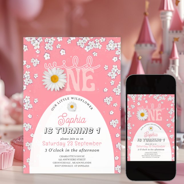 Pink Wild One Daisy 1st Birthday Invitation (Creator Uploaded)
