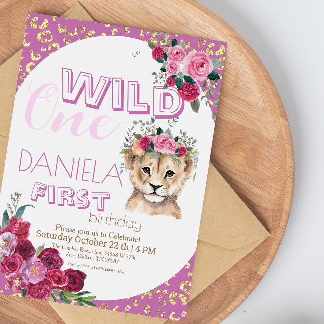 Pink Wild One  Lion cub girl 1st Birthday Party  Invitation (Creator Uploaded)
