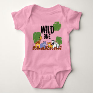Pink WILD ONE Safari Jungle Theme First Birthday Baby Bodysuit
