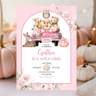 Pink Wild One Woodland Pumpkin Truck 1st Birthday Invitation
