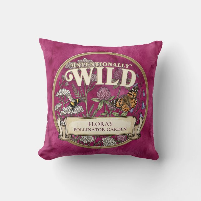 Pink Wild Pollinator Garden Throw Pillow Cushion (Front)