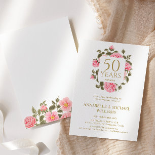 PINK WILD ROSE BOUQUET 50th ANNIVERSARY GOLDEN  Invitation