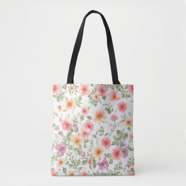 Pink wild rose floral pattern, boho tote bag (Front)