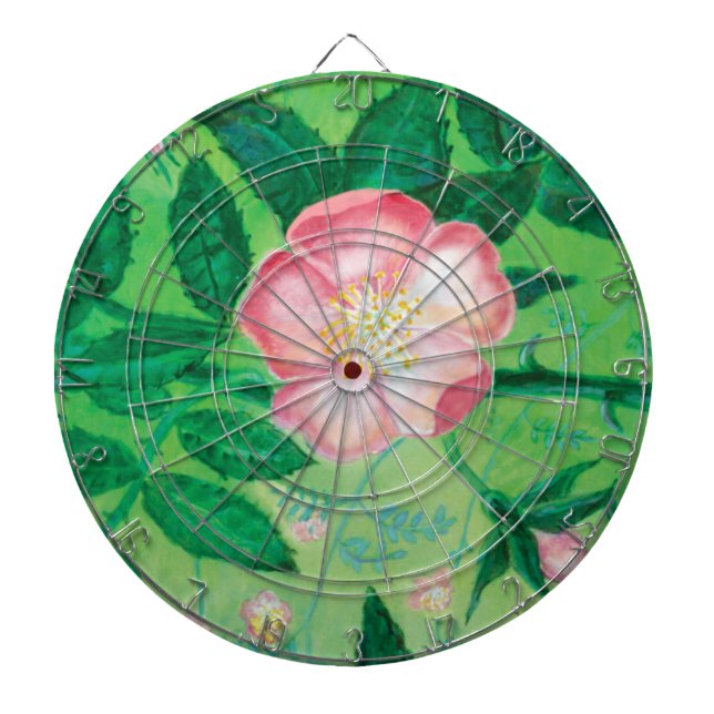 Pink Wild Rose Flowers & Green Leaves Illustration Dartboard (Front)