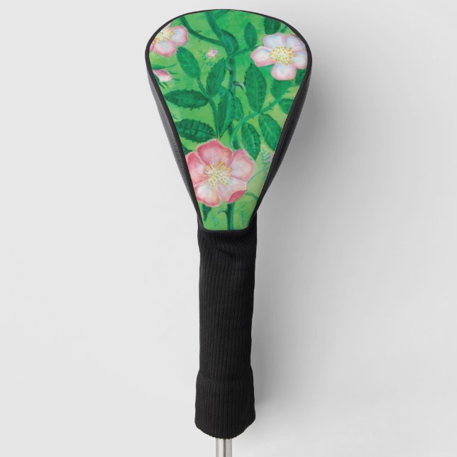Pink Wild Rose Flowers & Green Leaves Illustration Golf Head Cover (Front)