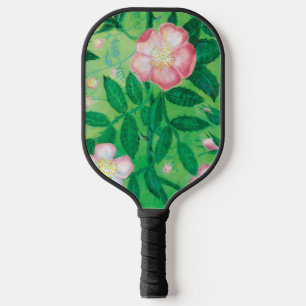 Pink Wild Rose Flowers & Green Leaves Illustration Pickleball Paddle