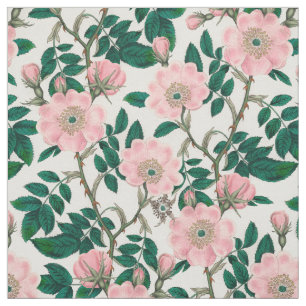 Pink Wild Rose Flowers & Green Leaves Pattern Fabric