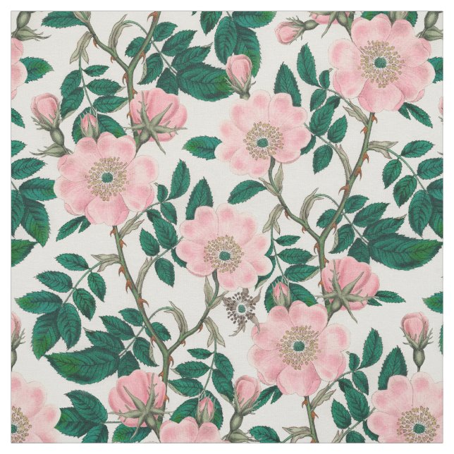 Pink Wild Rose Flowers & Green Leaves Pattern Fabric (Swatch)