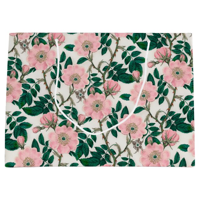 Pink Wild Rose Flowers & Green Leaves Pattern Large Gift Bag (Front)