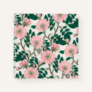 Pink Wild Rose Flowers & Green Leaves Pattern Notebook