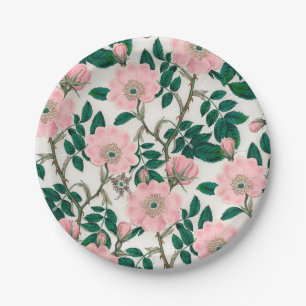Pink Wild Rose Flowers & Green Leaves Pattern Paper Plate