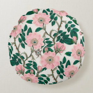 Pink Wild Rose Flowers & Green Leaves Pattern Round Cushion
