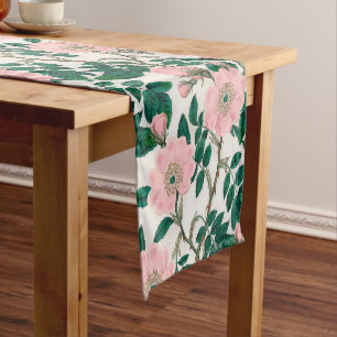 Pink Wild Rose Flowers & Green Leaves Pattern Short Table Runner