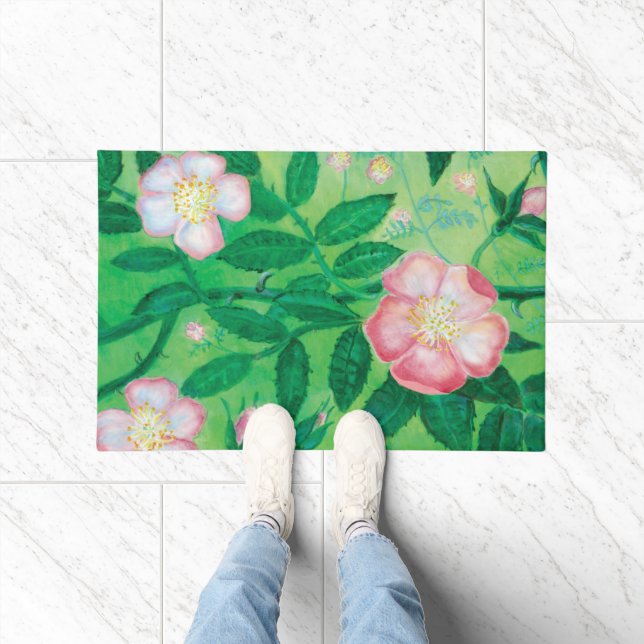 Pink Wild Rose Flowers Secret Garden Doormat (Indoor)
