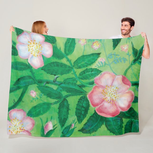 Pink Wild Rose Illustration  Fleece Blanket (In Situ)