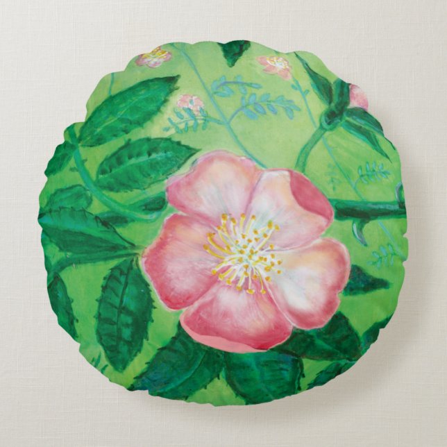 Pink Wild Rose Illustration  Round Cushion (Front)