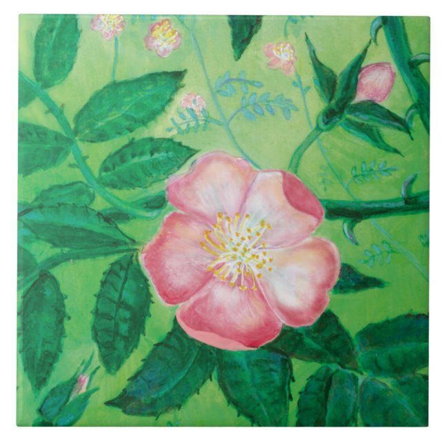 Pink Wild Rose Illustration  Tile (Front)