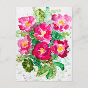Pink wild roses watercolor floral bouquet holiday postcard