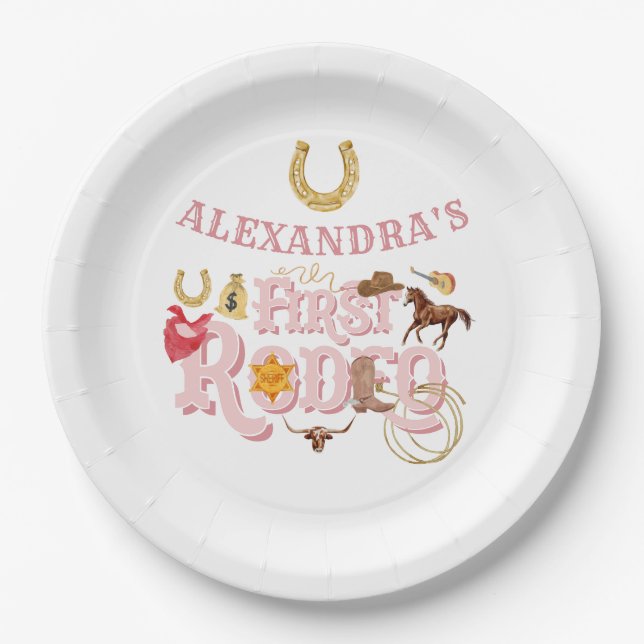 Pink Wild West First Rodeo Baby Girl 1st Birthday Paper Plate (Front)