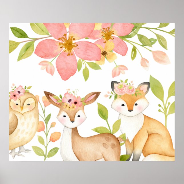 Pink Wild Woodland Animals Botanical Poster (Front)