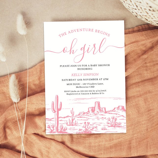 Pink Wilderness Adventure Begins Baby Shower Invitation (Pink The Adventure Begins Baby Shower Invitation Girl, Wilderness, Western Desert, Oh Girl Wild West)