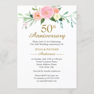 Pink Wildflow Watercolor 50th Wedding Anniversary Invitation