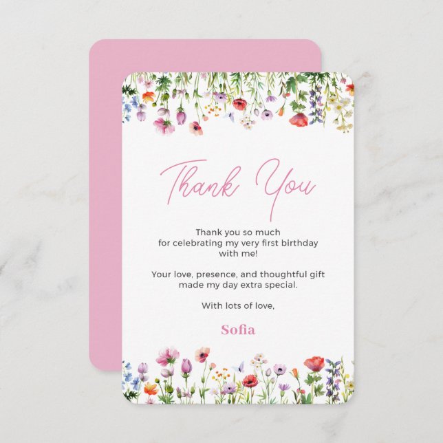 Pink Wildflower 1st Birthday Thank You Card (Front/Back)