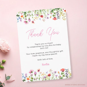 Pink Wildflower 1st Birthday Thank You Card